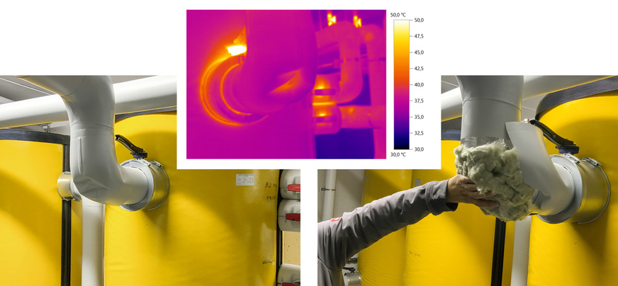 Ein eigentlich fachgerecht gedämmter Rohrbogen wurde für eine Überprüfung eingedrückt. Die negativen Auswirkungen sind auf dem Thermogramm zu erkennen.