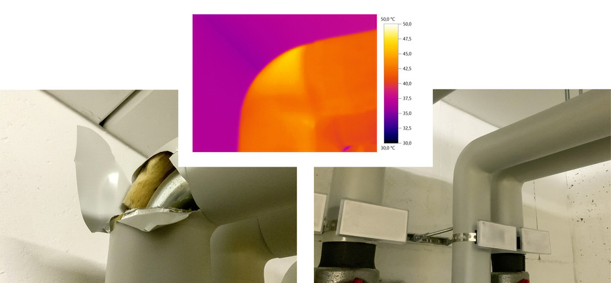 Per Thermografie wurde ein Wärmeverlust bei einem Rohrbogen festgestellt. Der Bogen ist mangelhaft gedämmt – das wäre bei einem „Eindrücktest“ allein kaum aufgefallen.