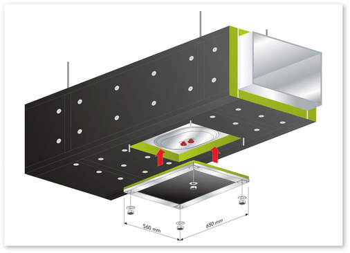 Ausführung einer Revisionsöffnung z. B. in einer Küchenabluftleitung mit dem System „Conlit Duct Board 90“.