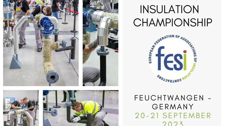 „Teilnehmer der FESImeisterschaft 2023 in Deutschland bei der Arbeit an technischen Dämmprojekten, die verschiedene Aspekte von Wärme-, Kälte-, Schall- und Brandschutz in der Gebäudetechnik veranschaulichen; Fachleute bringen innovative Dämmstoffe und energieeffiziente Lösungen in die Praxis ein.“. - © FESI