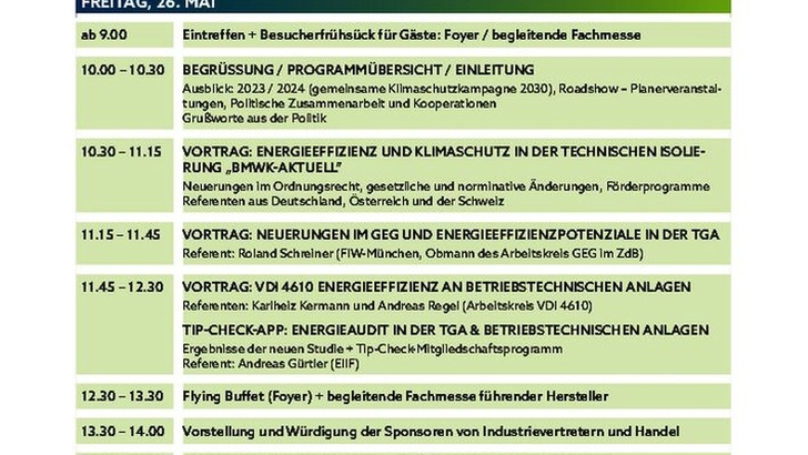 Detailansicht eines Eventprogramms mit Vorträgen zu innovativen Dämmstoffen und Normen für Wärme-, Kälte- und Brandschutz in der Gebäudetechnik am 26. Mai, inklusive Mittagspause und Abschlussdiskussion. - © WKSB Detailansicht eines Eventprogramms mit Vorträgen zu innovativen Dämmstoffen und Normen für Wärme-, Kälte- und Brandschutz in der Gebäudetechnik am 26. Mai, inklusive Mittagspause und Abschlussdiskussion. - © WKSB
