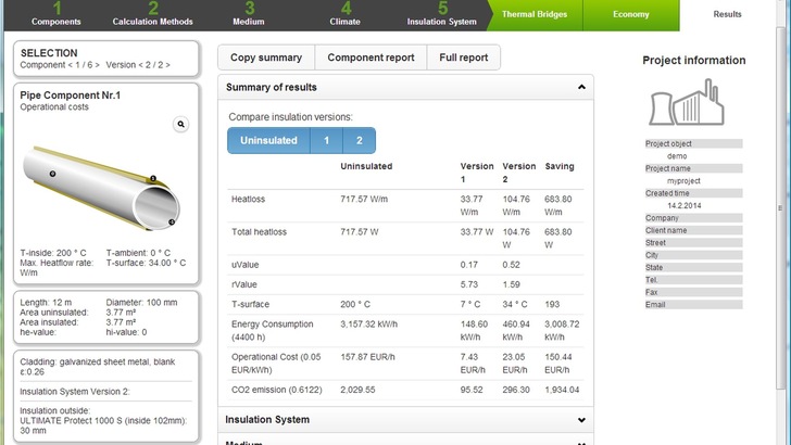 TechCalc berechnet Wärmeströme, Oberflächentemperaturen, erforderliche Dämmdicken, Betriebskosten, CO2-Einsparungen, Amortisationszeiten und vieles mehr.