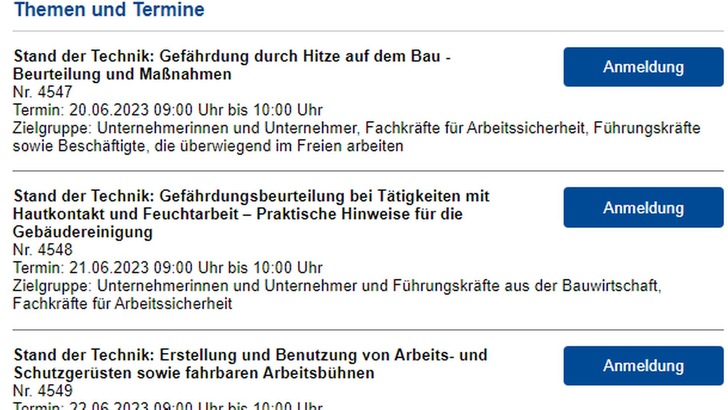 Termine: Kostenlose Vorträge "Stand der Technik" der BG BAU