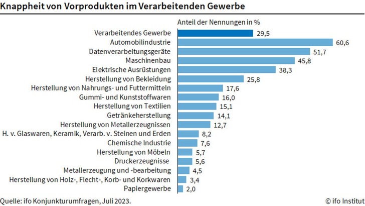 „Balkendiagramm zeigt Produktgpässe in verschiedenen Branchen, angeführt von der Automobilindustrie mit 60,6 %, gefolgt von Maschinenbau und Elektroindustrie. Quelle: ifo Institut, Juli 2023. Darstellung verdeutlicht Bedarf an Effizienzsteigerungen durch verbesserte technische Dämmung in der Industrie. - © ifo Institut „Balkendiagramm zeigt Produktgpässe in verschiedenen Branchen, angeführt von der Automobilindustrie mit 60,6 %, gefolgt von Maschinenbau und Elektroindustrie. Quelle: ifo Institut, Juli 2023. Darstellung verdeutlicht Bedarf an Effizienzsteigerungen durch verbesserte technische Dämmung in der Industrie. - © ifo Institut