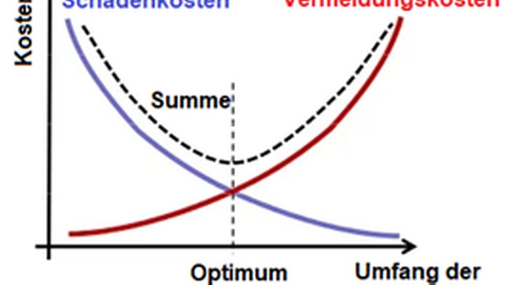 Bei der Kosten-Nutzen-Analyse soll das Optimum von Vermeidungskosten und Schadenskosten gefunden werden.