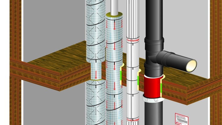 Mit „Conlit“ Systemprodukten lassen sich Rohr- und Elektroleitungen in Holzdecken in gleicher Weise abschotten wie in Betondecken. Für brennbare und nichtbrennbare Versorgungsleitungen wird die „Conlit 150 U“ Brandschutzschale, für brennbare Abwasserrohre die „Conlit Brandschutzmanschette“ und für Elektroleitungen die „Conlit Bandage“ verwendet. - © Deutsche Rockwool GmbH &amp; Co. KG