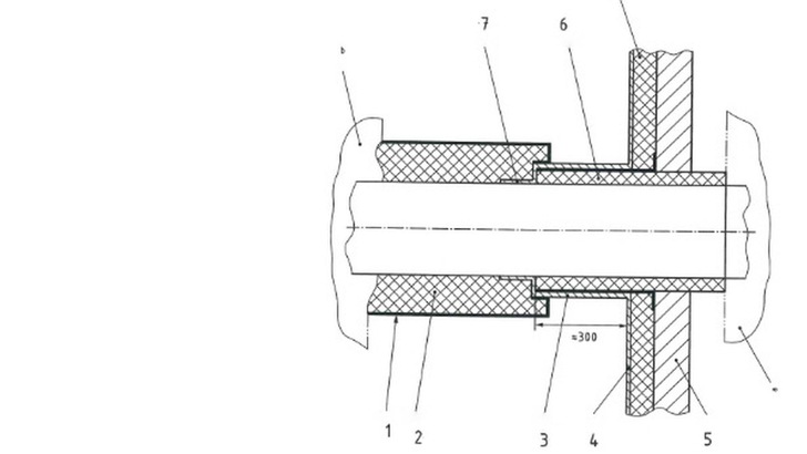1. wetterfester Blechmantel, 2. Luftleitungsdämmung, 3. umlaufender aufgesetzter Blechkragen, 4. dichter Abschluss der Flachdämmung, 5. Decke/Trapezblechdach, 6. Dämmung auf Fugenbreite zwischen Leitung und Deckenaussparung, 7. dichter Abschluss der Dachdichtung an der Lüftungsleitung, 8. Flachdachdämmung, a Innenbereich, b Außenbereich