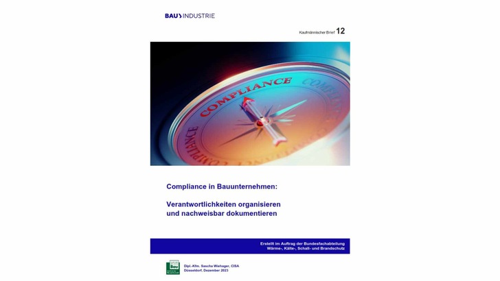 „Abbildung des Covers eines Fachdokuments zur Gebäudetechnik mit einem Kompass, symbolisierend die Orientierungshilfe in den Bereichen Wärme-, Kälte-, Schall- und Brandschutz sowie technische Dämmung, herausgegeben von BAU INDUSTRIE. - © HDB „Abbildung des Covers eines Fachdokuments zur Gebäudetechnik mit einem Kompass, symbolisierend die Orientierungshilfe in den Bereichen Wärme-, Kälte-, Schall- und Brandschutz sowie technische Dämmung, herausgegeben von BAU INDUSTRIE. - © HDB