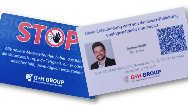 Die Stopp-Karte unterstützt jeden im Unternehmen bei der Entscheidung, eine Arbeit zu unterbrechen, sollte sie als gefährdend eingestuft werden. Ein „ungutes Bauchgefühl“ kann hierzu ausreichen. - © G+H Group Die Stopp-Karte unterstützt jeden im Unternehmen bei der Entscheidung, eine Arbeit zu unterbrechen, sollte sie als gefährdend eingestuft werden. Ein „ungutes Bauchgefühl“ kann hierzu ausreichen. - © G+H Group