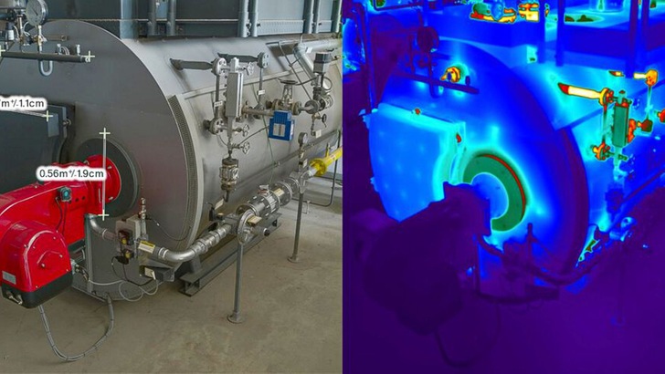 Das Bildgebungsverfahren, das die Hochschule für angewandte Wissenschaften Würzburg – Schweinfurt (FHWS) entwickelt hat, zeigt u.a. Hot Spots in Industrieanlagen auf. Hier zu sehen: eine Anlage bei Nipro und die Hot Spots, die durch die Thermografieaufnahme zum Vorschein kamen (r.).