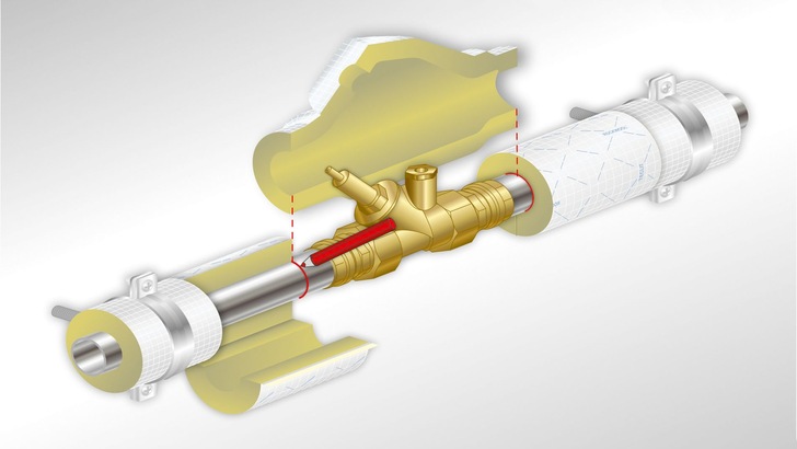 Die „Teclit Dämmkappe“: ein montagefreundliches, zweiteiliges Formteil, mit dem Ventile diverser Dimensionen isoliert werden können.