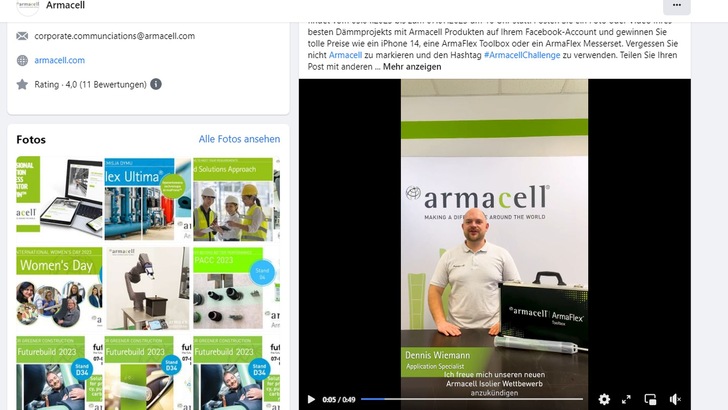 Über die Facebook-Seite von Armacell ist die Teilnahme an der "Armacell Insulation Challenge" möglich.