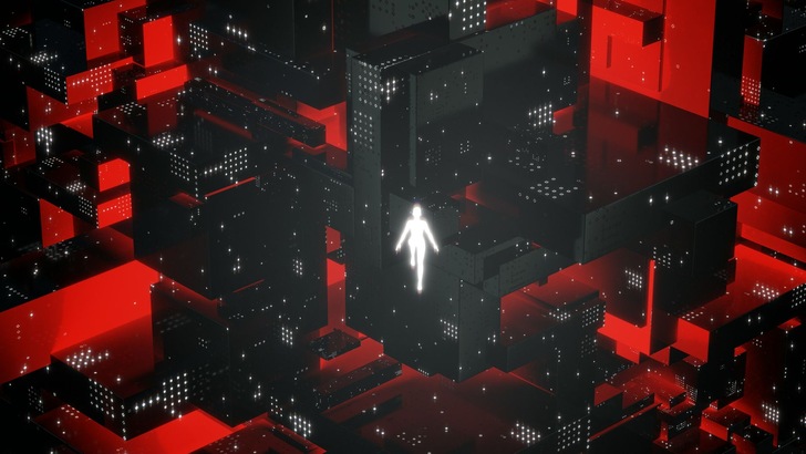 Ein leuchtender menschlicher Umriss schwebt in einer futuristischen, dunklen Stadtlandschaft mit roten und schwarzen Würfeln.