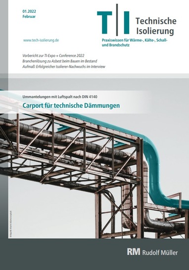 Magazincover mit Industrierohren und einem Gebäude. Der Text enthält Ausgabedetails und technische Isolierungsthemen.