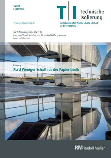 Industriedach mit großen, sich in einer Glasoberfläche spiegelnden Leitungen, abgebildet auf dem Cover eines deutschen Dämmstoffmagazins.