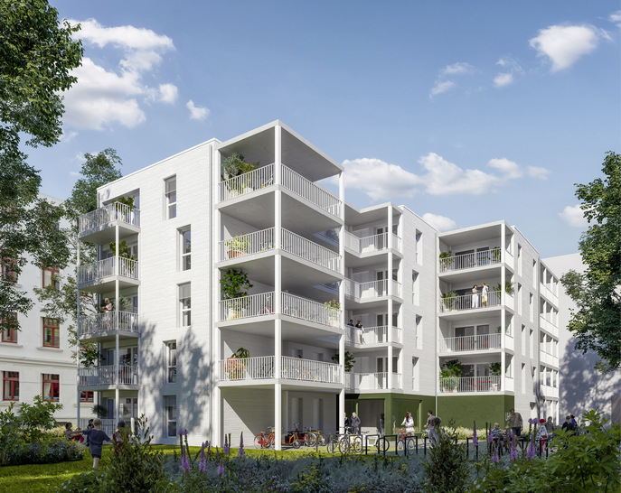 Die Deutsche Investment plante in Berlin-Charlottenburg zwei freistehende Mehrfamilienhäuser mit insgesamt 70 Wohneinheiten im großen Innenhof eines Wohnquartiers. Jede Wohnung hat einen privaten Balkon oder eine Terrasse.