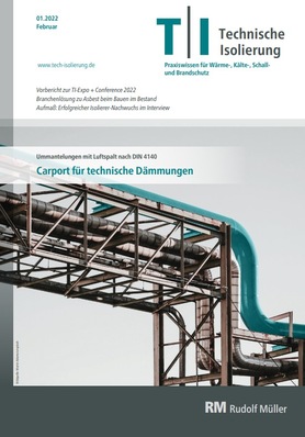 Magazincover mit Industrierohren und einem Gebäude. Der Text enthält Ausgabedetails und technische Isolierungsthemen.