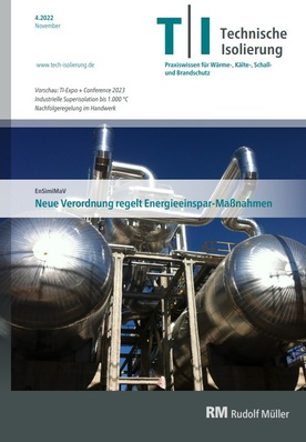 Cover der Zeitschrift „Technische Isolierung“ mit industriellen Isolierrohren bei klarem Himmel.