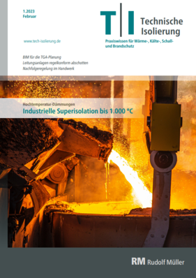 Titelbild einer Zeitschrift mit einer Szene aus hellem, geschmolzenem Metall in einer industriellen Umgebung und dem Titel „Technische Isolierung“.