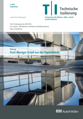 Industriedach mit großen, sich in einer Glasoberfläche spiegelnden Leitungen, abgebildet auf dem Cover eines deutschen Dämmstoffmagazins.