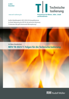 Zeitschriftencover mit Flammen, Titel „Technische Isolierung“ und Themen zu technischer Isolierung und Brandschutz.