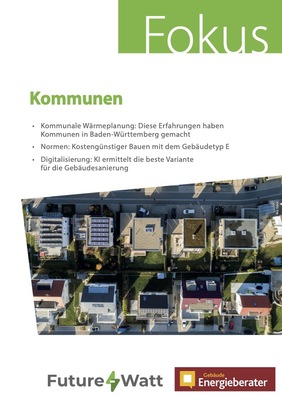 Luftaufnahme von Wohnhäusern mit Text über kommunale Energieplanung und Digitalisierung.