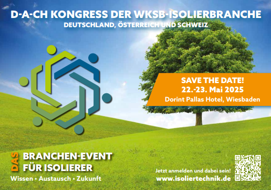 Save the Date Flyer zum D-A-CH WKSB Dämmstoffkongress, 22.-23. Mai 2025, mit einem Baum auf der grünen Wiese. - © Fördergemeinschaft Dämmtechnik