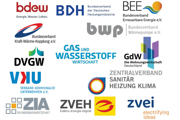 Optimierter Alt-Text: Logos deutscher Energie- und Industrieverbände, darunter VDE, ZVEI, BDH und DVGW, als Symbol für die branchenspezifische Vernetzung im Bereich Digitalisierung und Elektrifizierung der Gebäudetechnik. - © Inhaber der abgebildeten Logos